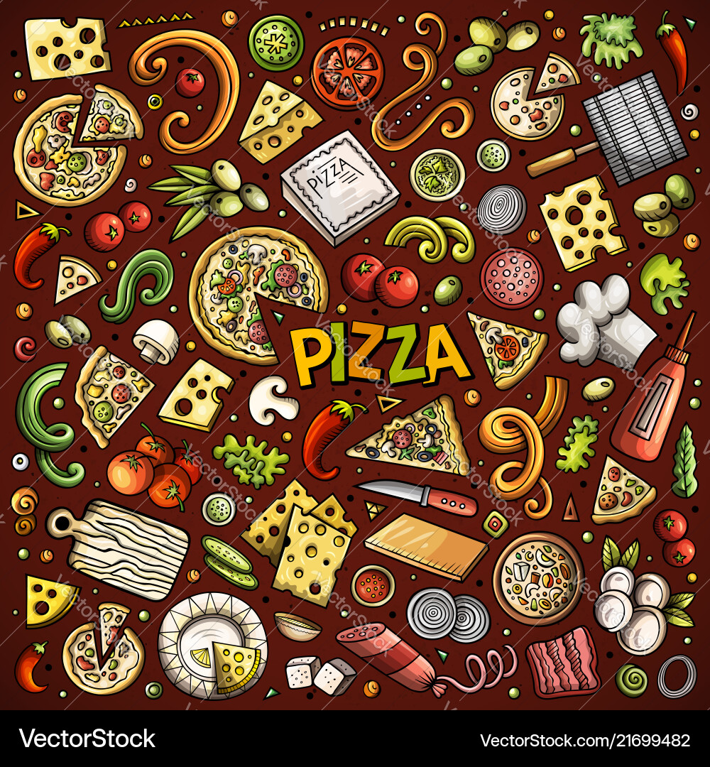 Pizzeria Doodle Set Vektorbild