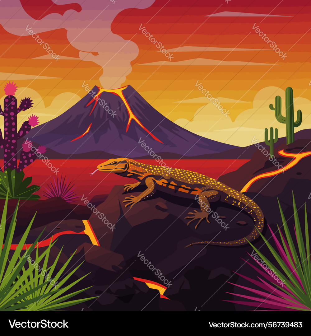 Lizard on rock with volcano in desert landscape Vector Image