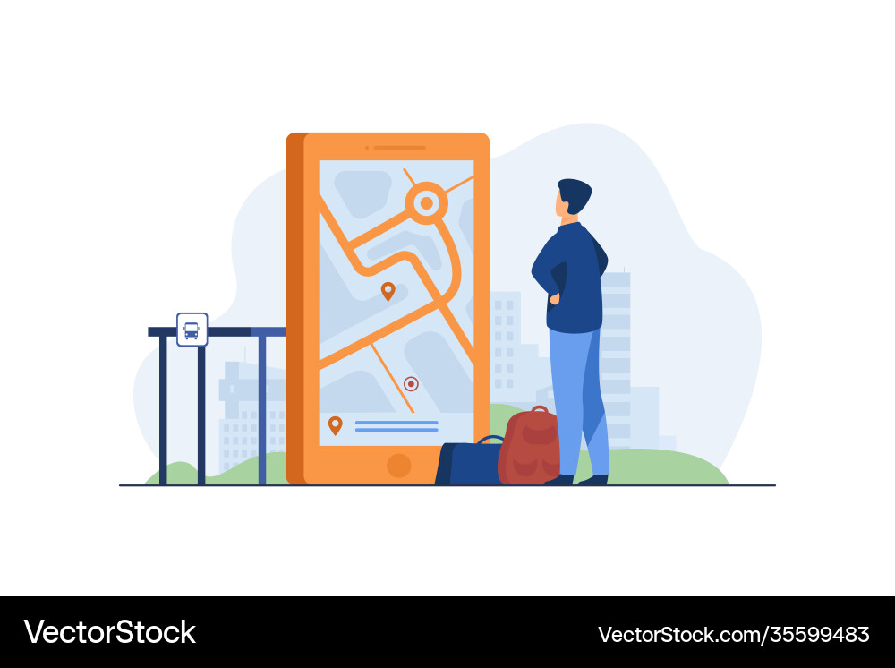 Man looking for route on map in mobile app vector image