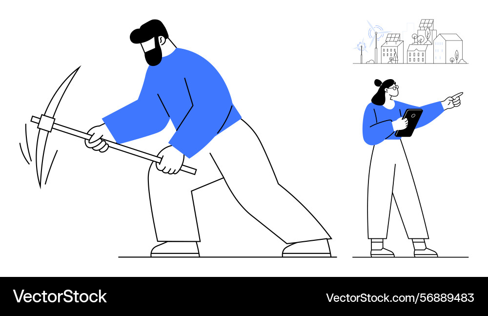Worker mining with pickaxe and engineer overseeing Worker mining with pickaxe and engineer overseeing vector image
