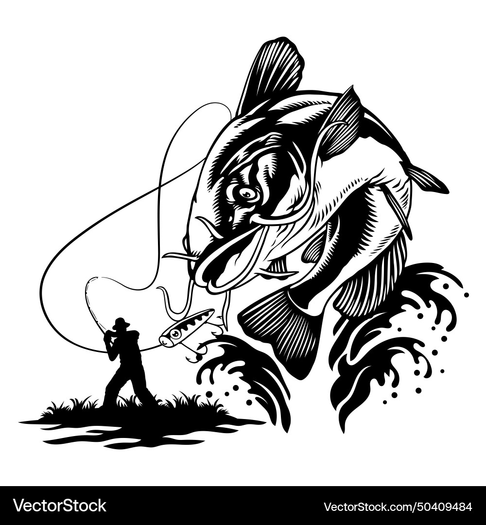 Black and White Fisherman Catfish Vector Image