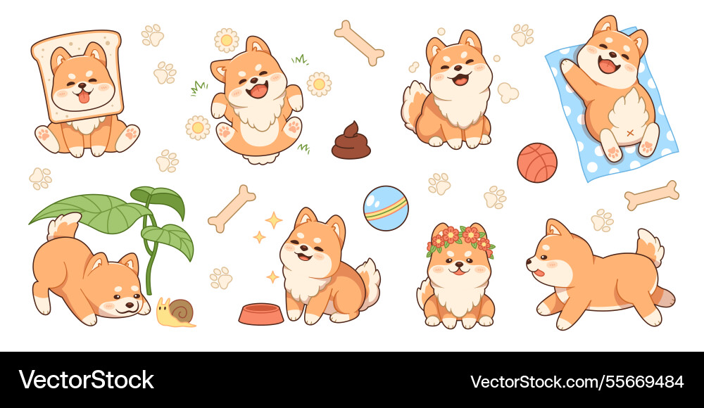 Cute shiba inu puppy characters kawaii fluffy Cute shiba inu puppy characters kawaii fluffy vector image