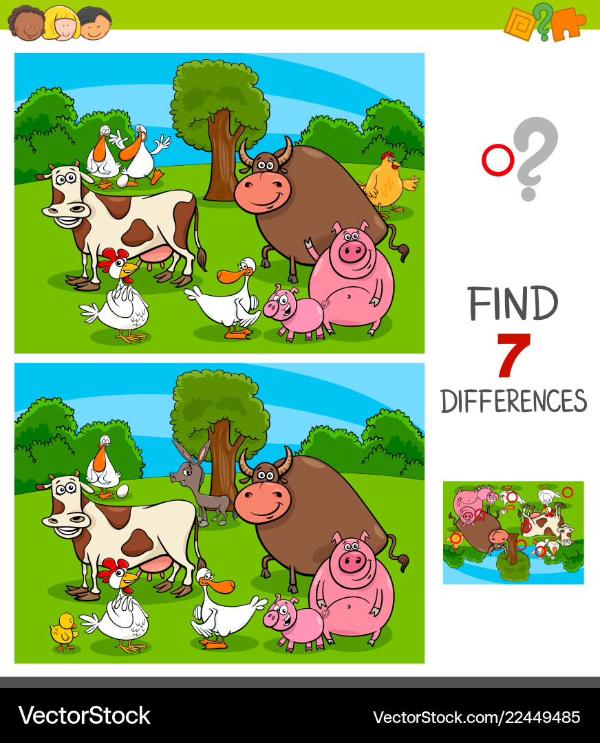 Differences game with farm animal characters Differences game with farm animal characters vector image