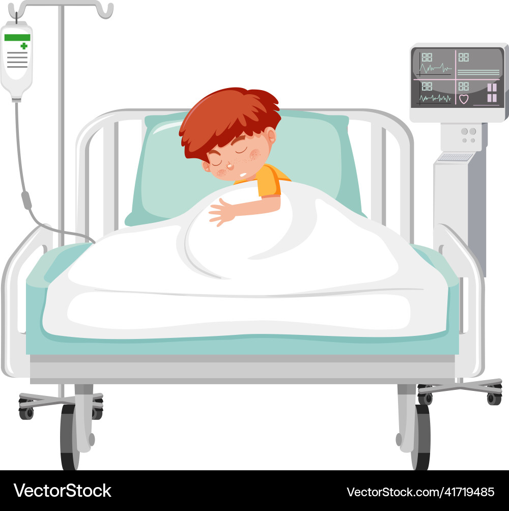 Sick kid resting in hospital bed Sick kid resting in hospital bed vector image