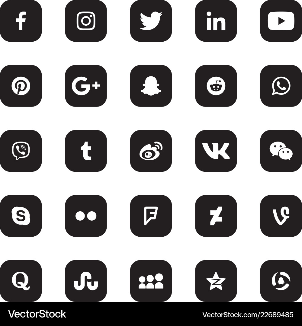 Social Media Icons - Black & White Set Vector Image