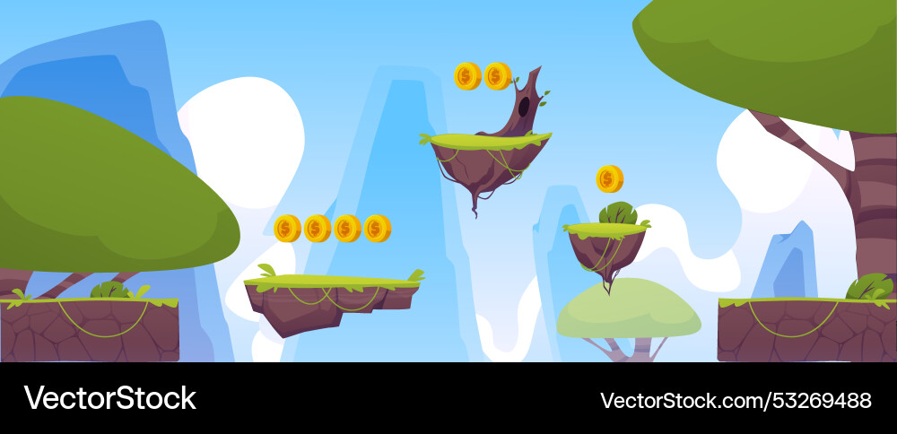 Arcade level with floating platforms and coins Arcade level with floating platforms and coins Vector Image