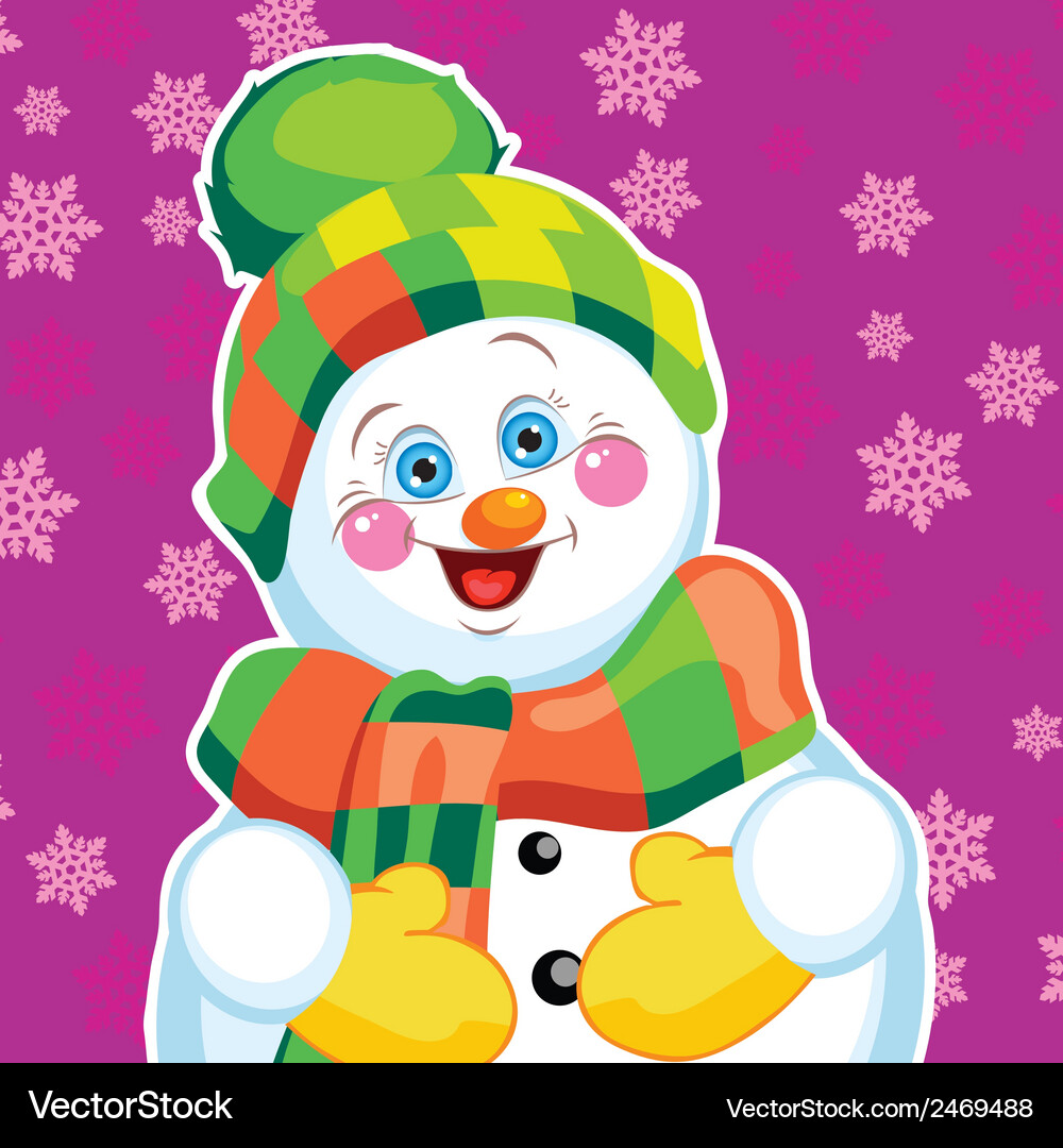 Snowman on green background with patterns Vector Image