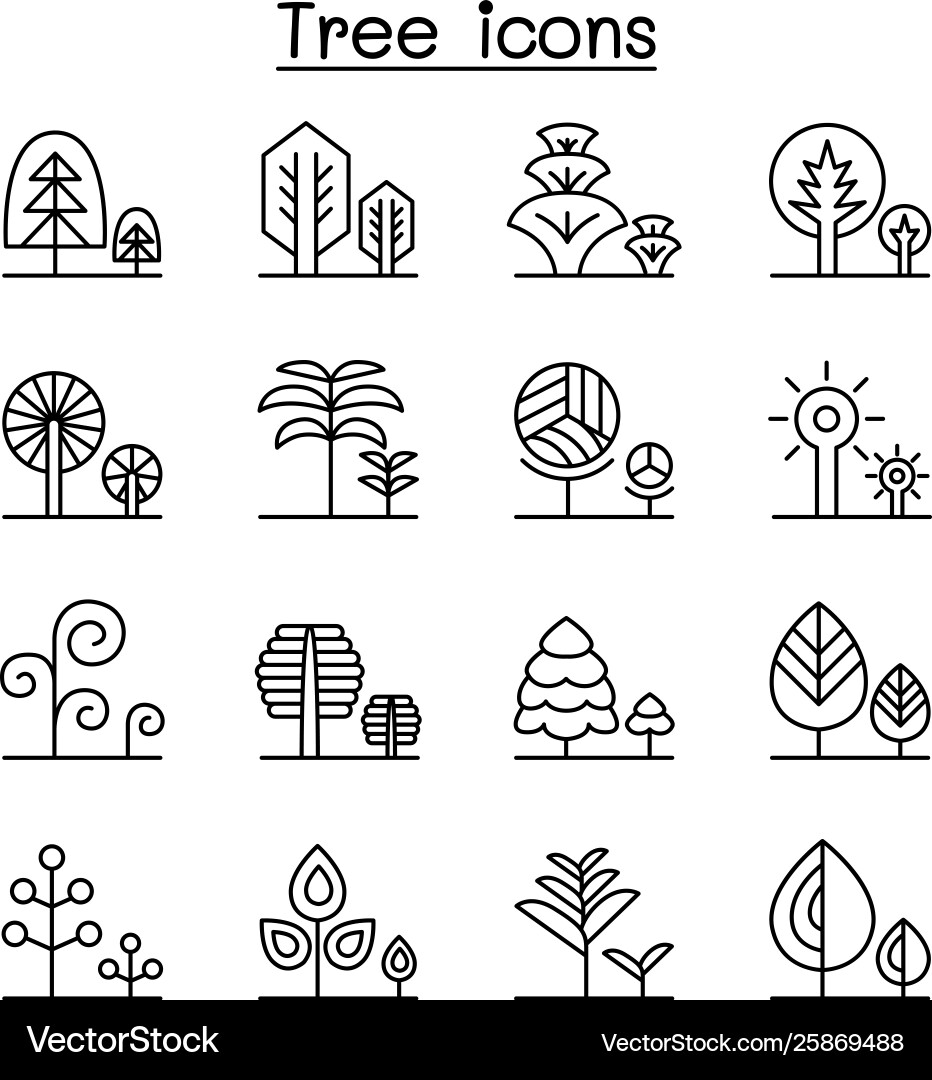 Tree forest park icon set in thin line style Tree forest park icon set in thin line style vector image