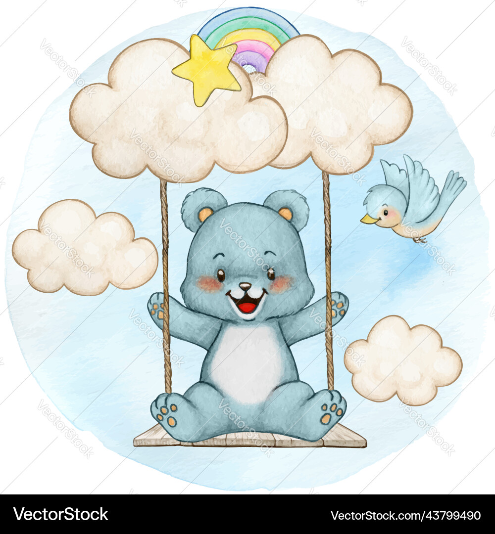 Aquarell niedlich auf einer Schaukel in den Wolken Aquarell niedlich auf einer Schaukel in den Wolken vektorbild