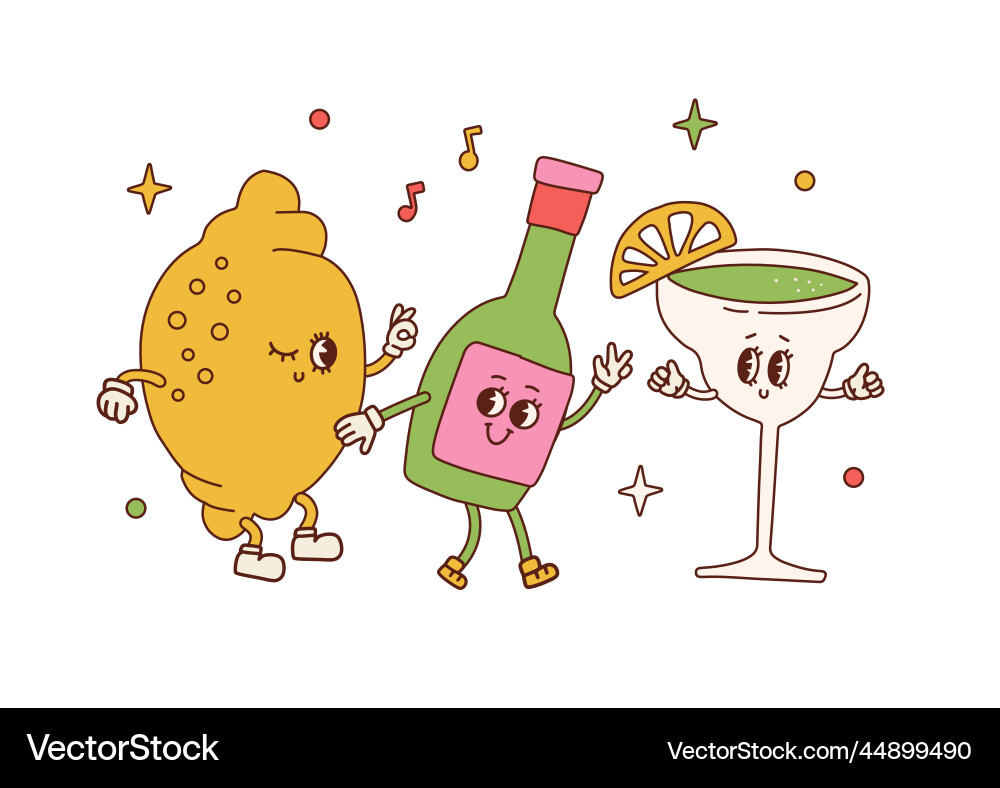 Funny retro tequila lime and margarita characters Funny retro tequila lime and margarita characters vector image