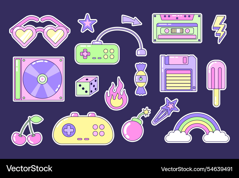 Y2k elements set multicolored on dark Y2k elements set multicolored on dark vector image