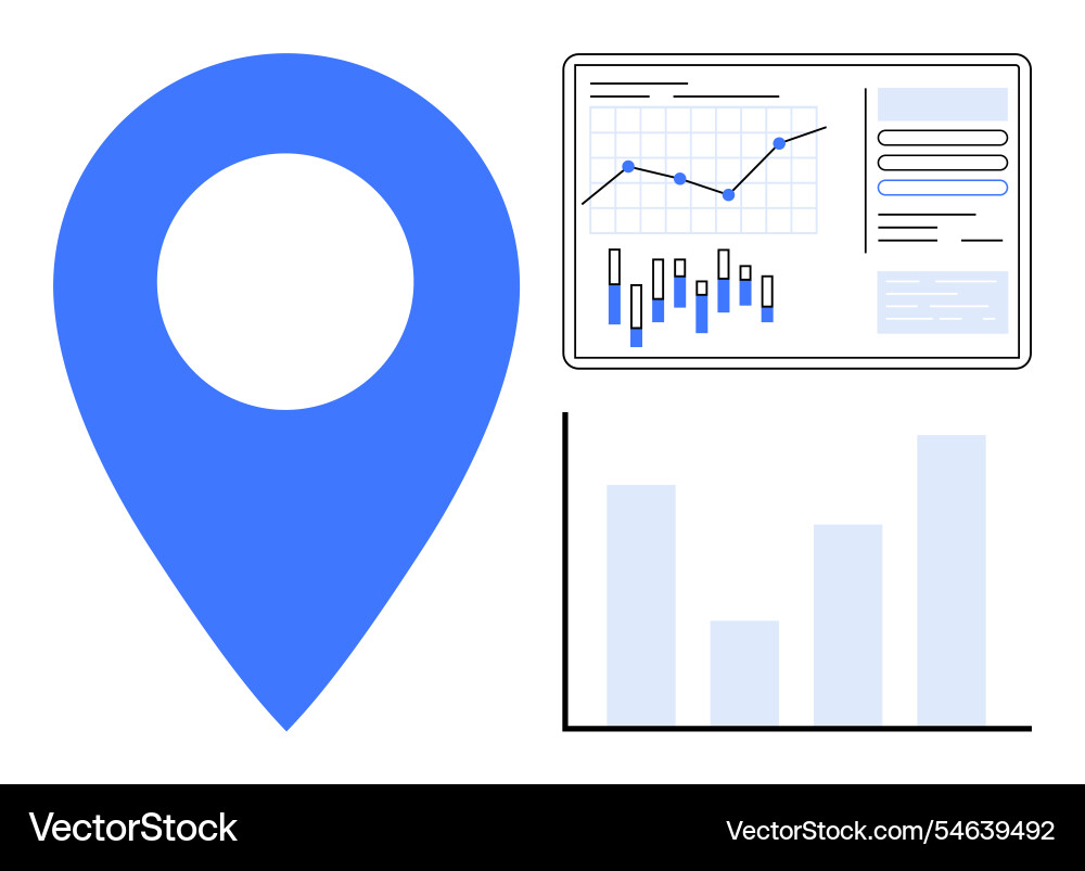 Blue map pin with financial data charts and graphs Blue map pin with financial data charts and graphs vector image