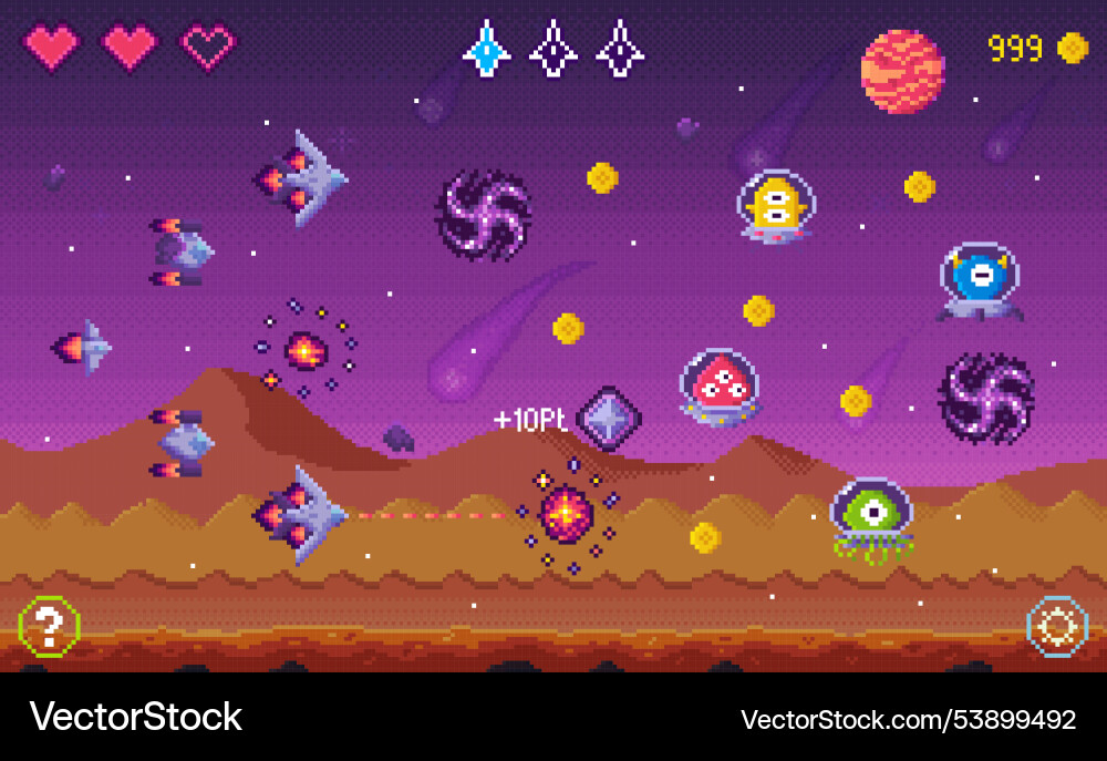 Pixel art space shooter game scene with spaceships Vector Image