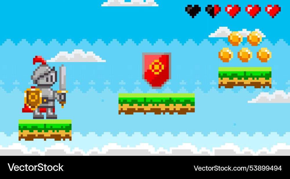 Pixel art knight in side-scrolling 2d game Pixel art knight in side-scrolling 2d game vector image