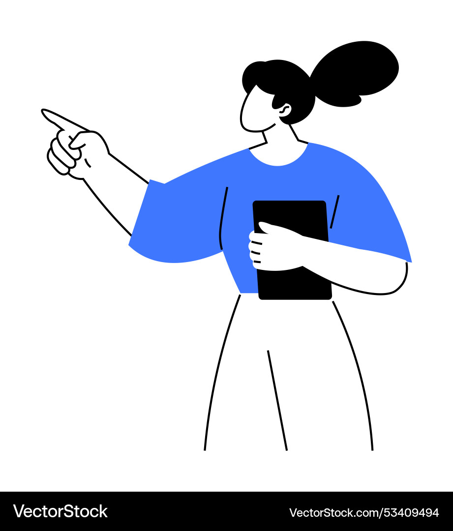 Woman with black hair and blue shirt pointing Woman with black hair and blue shirt pointing vector image