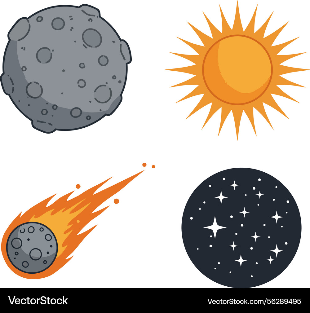 Celestial objects including sun meteor asteroid Vector Image