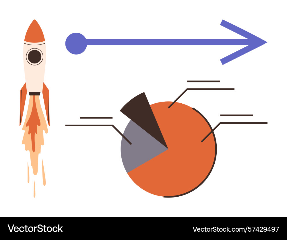 Rocket launch with pie chart and arrow symbolizing vector image
