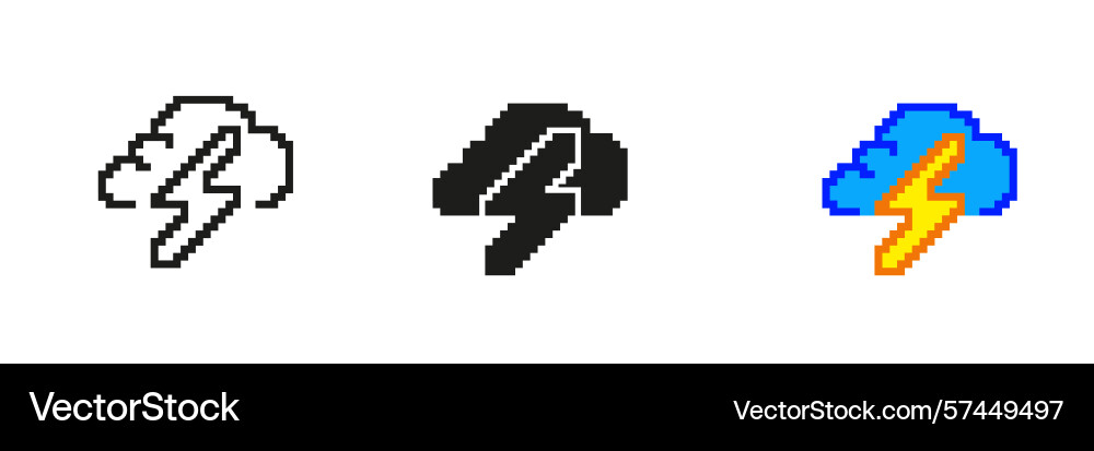 Storm cloud with lightning icon set in pixel art Storm cloud with lightning icon set in pixel art Vector Image