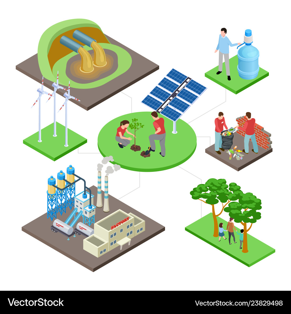 Ecology isometric concept with green technologies Ecology isometric concept with green technologies vector image