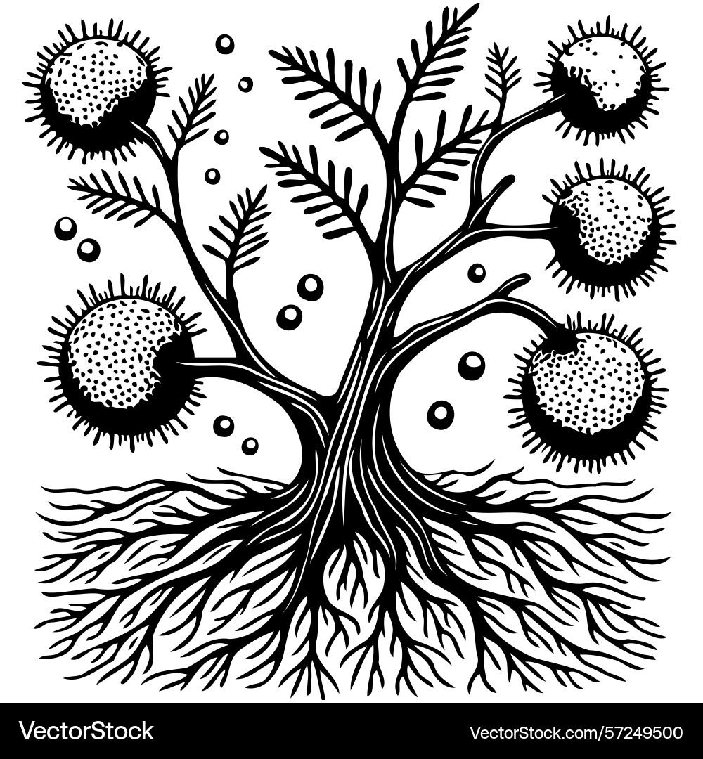 Stylized tree with root system and round fruiting Stylized tree with root system and round fruiting Vector Image