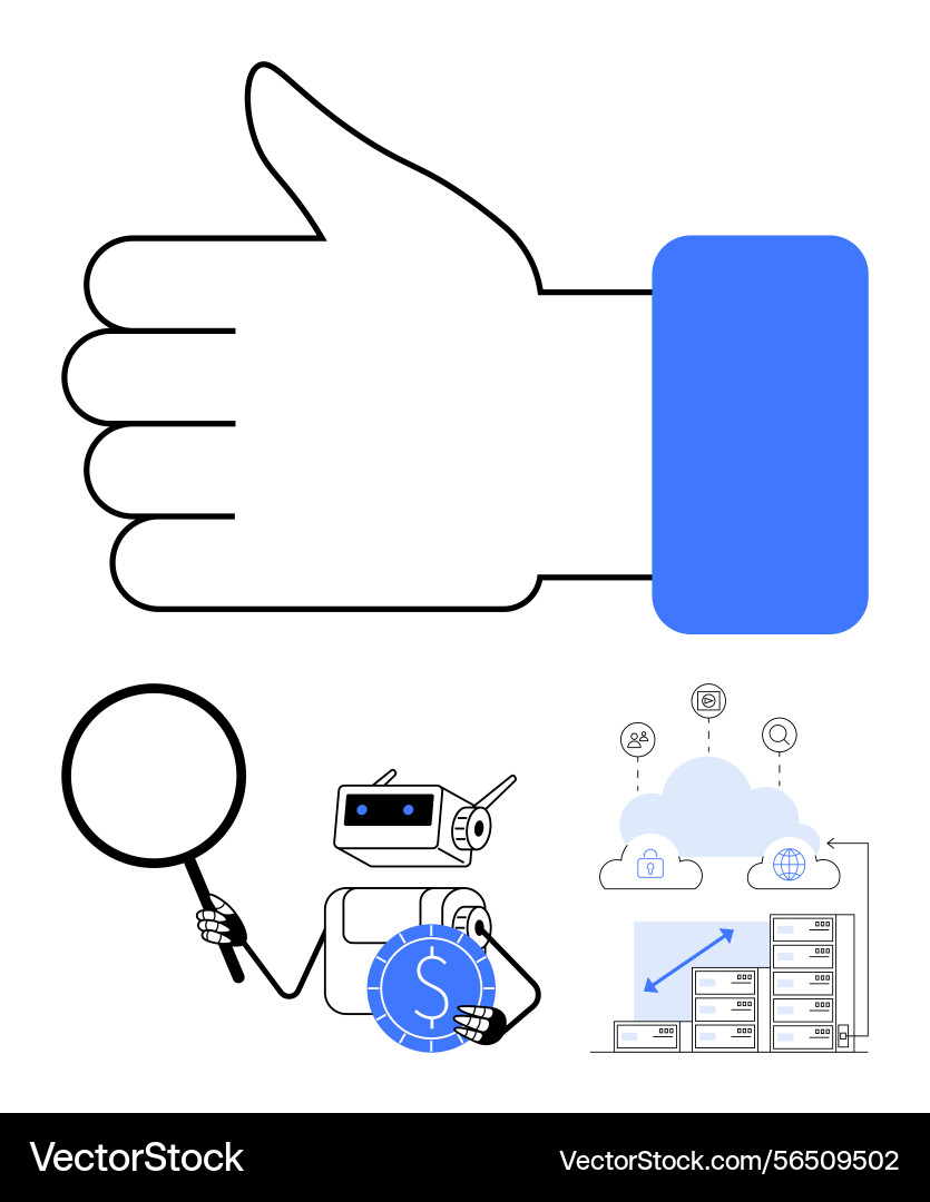 Thumbs up with robot analyzing data cloud storage Thumbs up with robot analyzing data cloud storage vector image