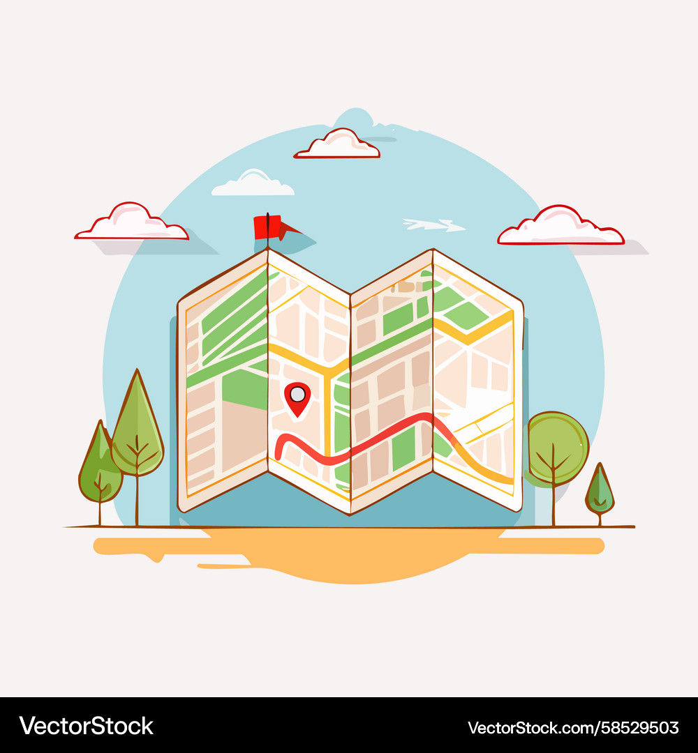 Folded Map with Route & Destination Vector Image
