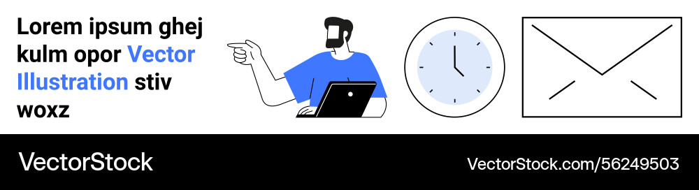 Man pointing while working on a laptop clock Man pointing while working on a laptop clock vector image