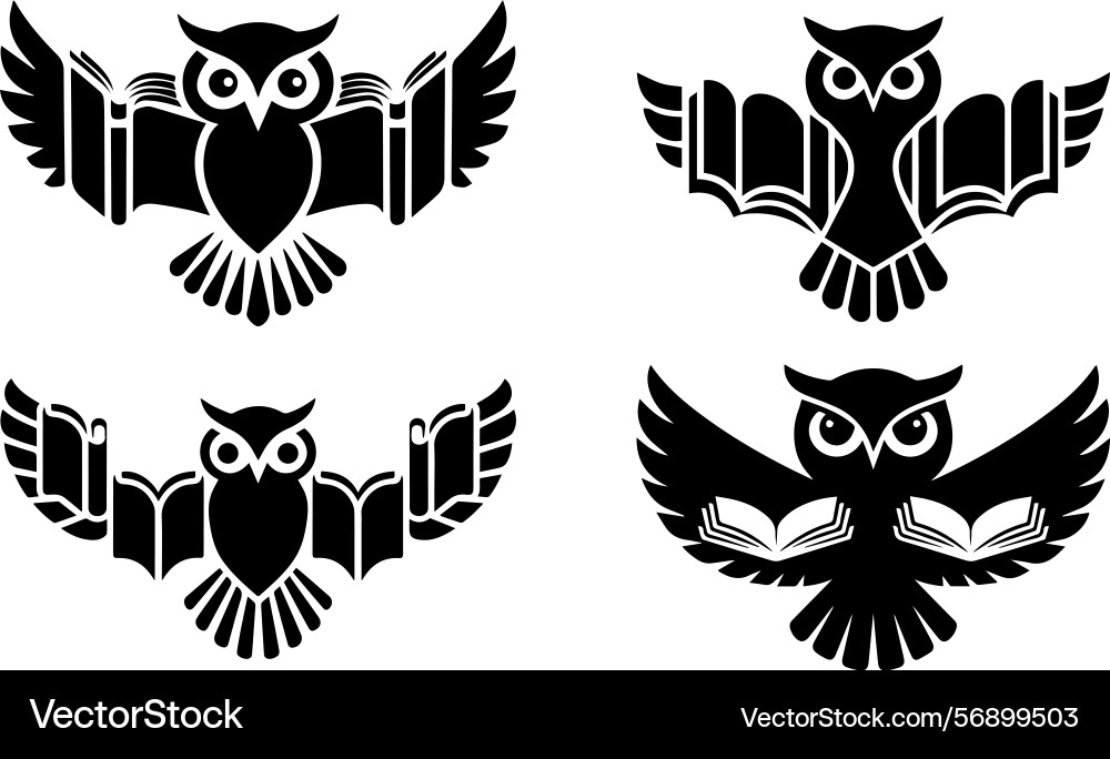 Set of owl with wings in open book style Set of owl with wings in open book style vector image