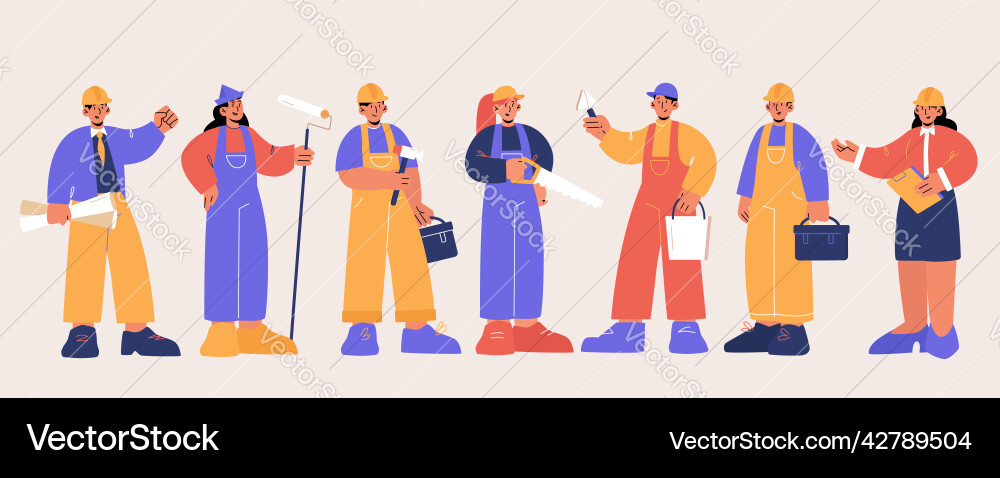 Builders engineers and workers in helmets Builders engineers and workers in helmets vector image