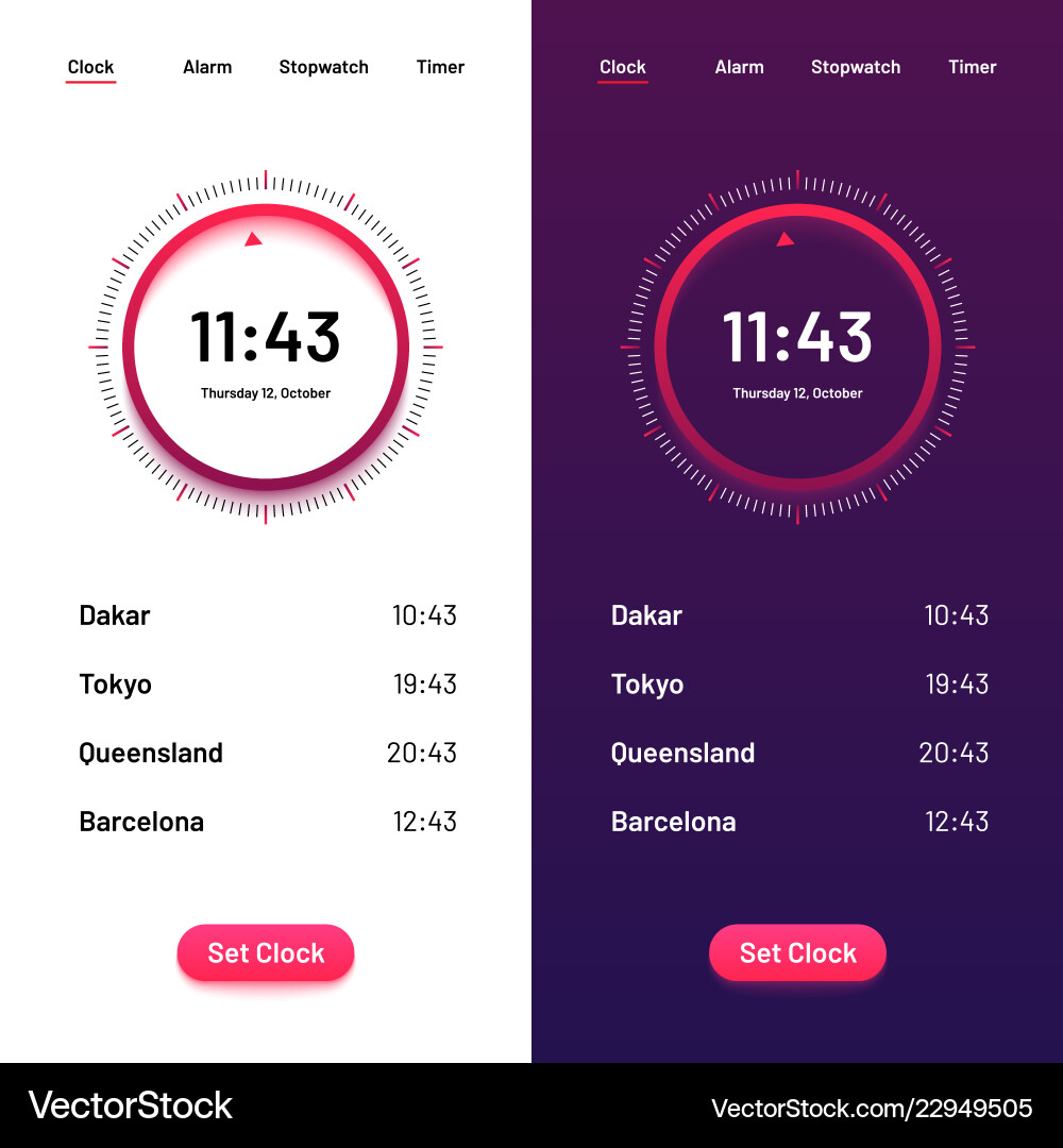 Clock app time countdown ui for day and night Clock app time countdown ui for day and night vector image