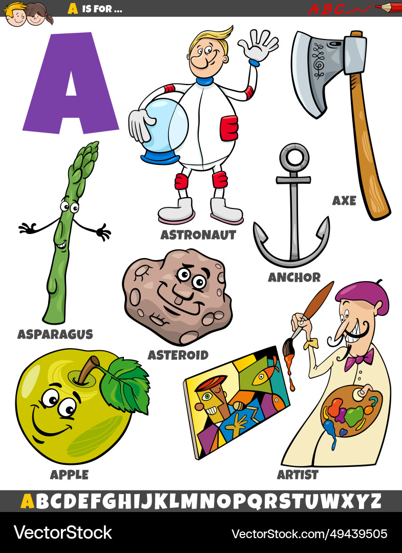 Letter a set with cartoon objects and characters Letter a set with cartoon objects and characters vector image