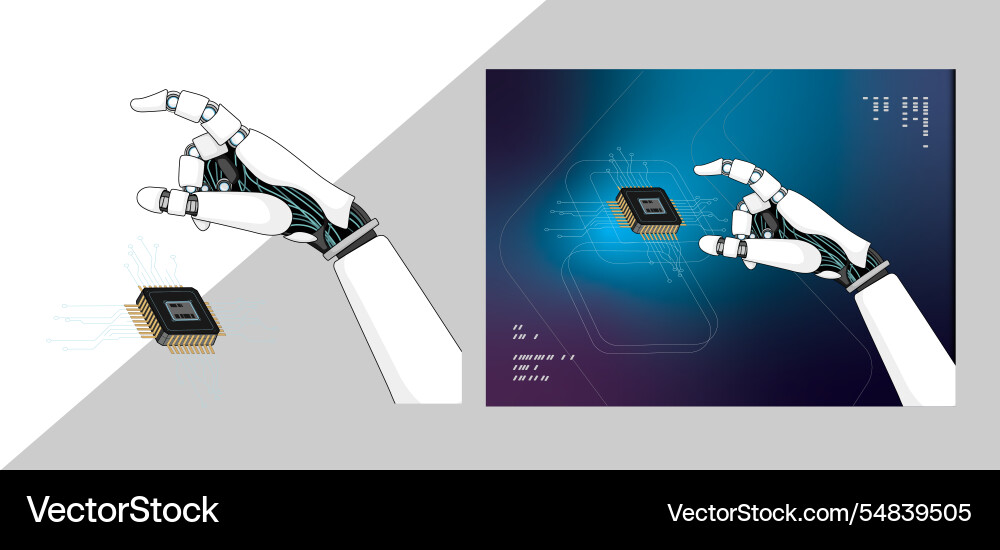 Robotic hand interacting with microchip Vector Image