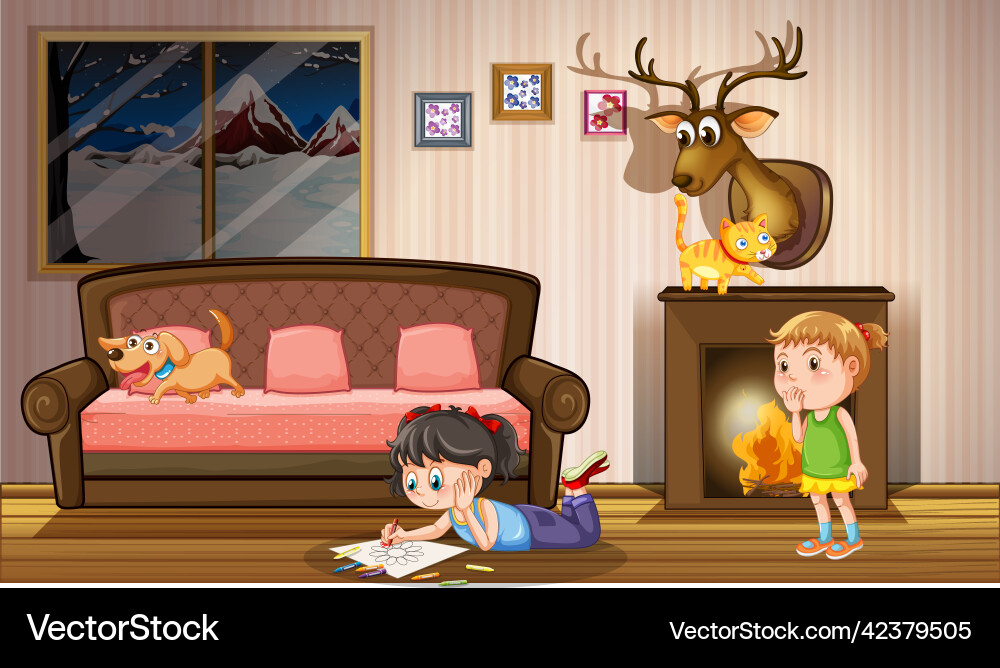 Scene with kids playing indoor vector image