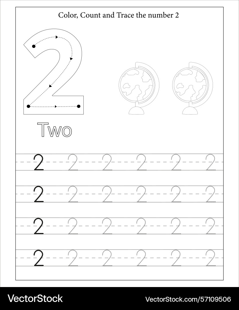 Learning to count and trace number two activity Vector Image
