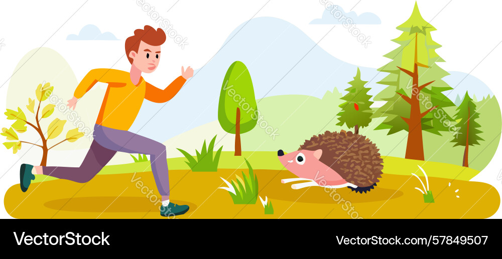 Man running from hedgehog humorous encounter Vector Image