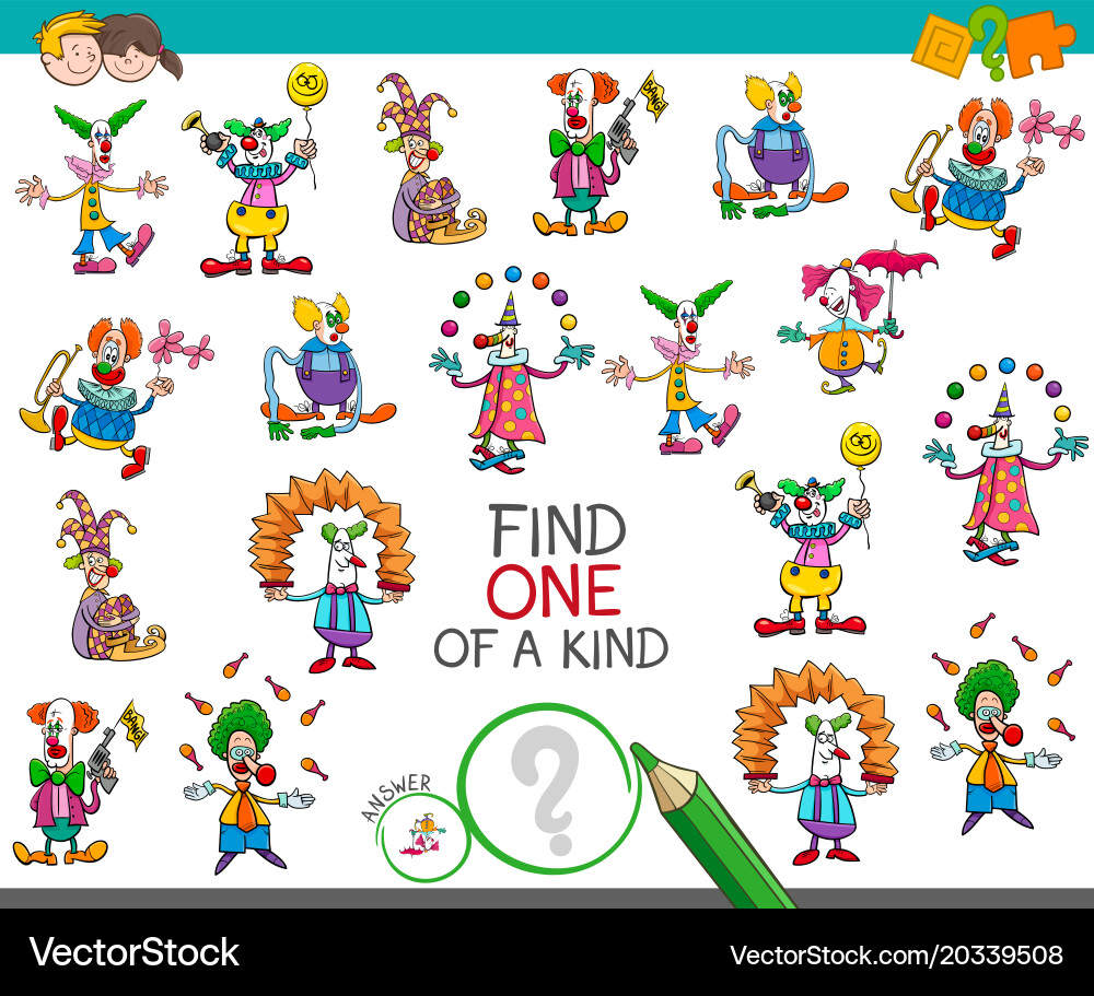 Find one of a kind game with clown characters vector image