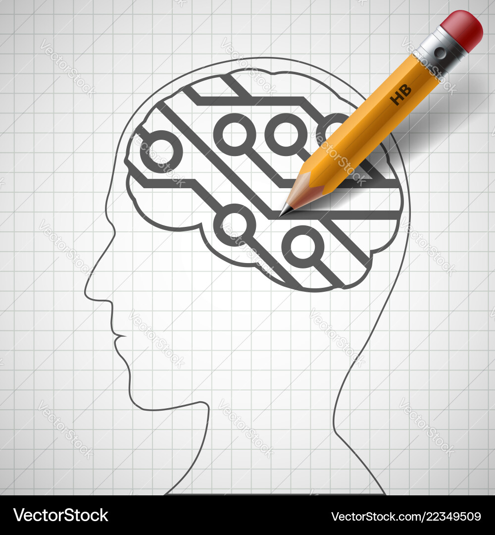 Pencil drawing in human head a electronic circuit Vector Image