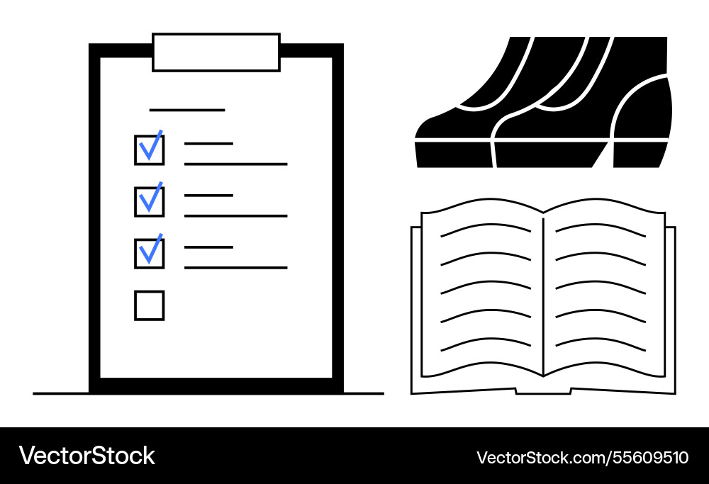 Clipboard with checklist open book and stacked Clipboard with checklist open book and stacked vector image