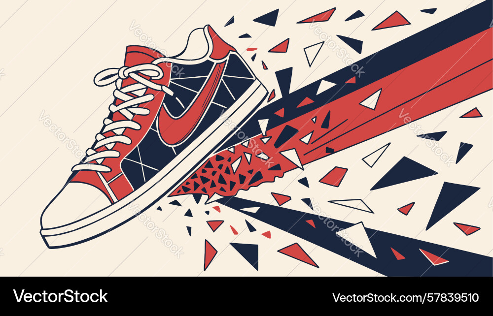 Dynamic running shoe with exploding geometric Vector Image