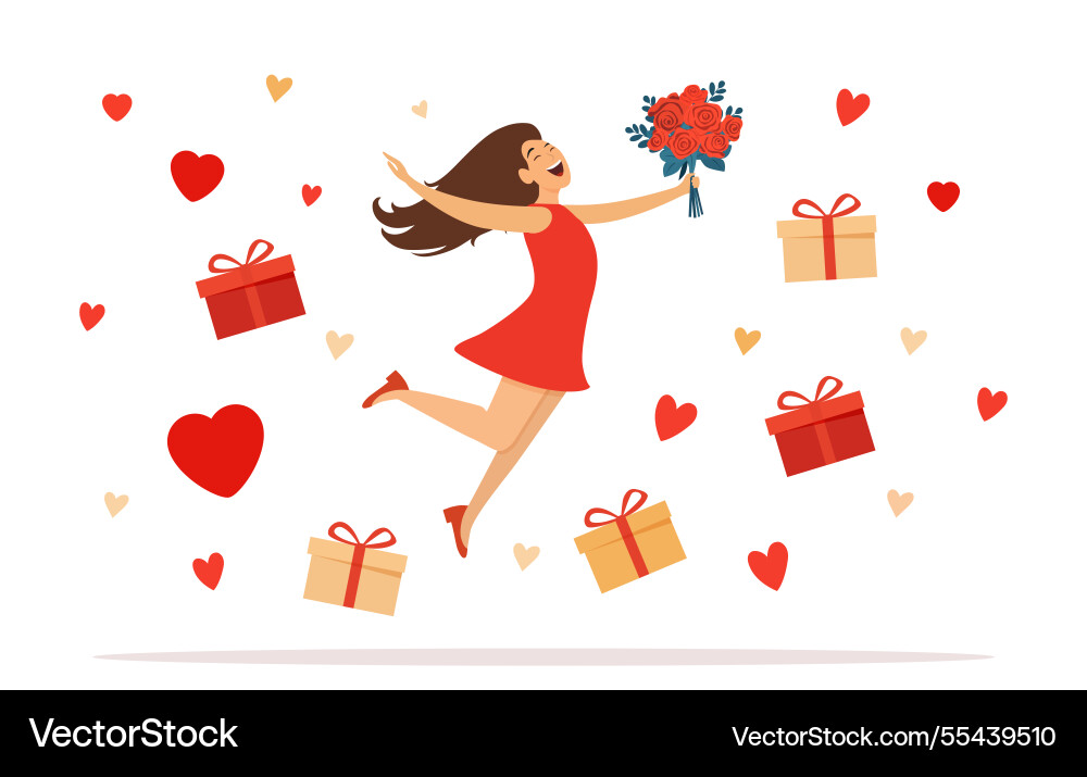 Happy woman celebrating with gifts and flowers Happy woman celebrating with gifts and flowers vector image