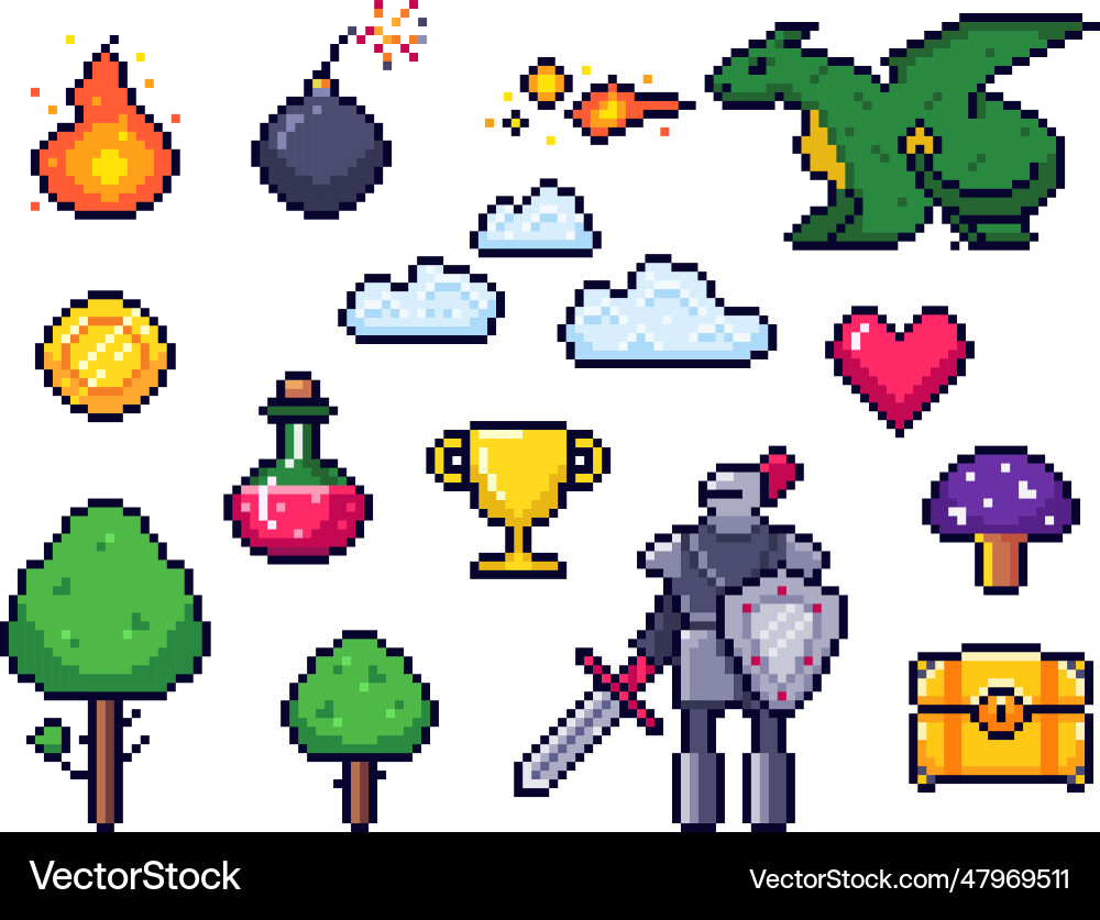 Pixel game elements pixelated warrior and 8 bit vector image