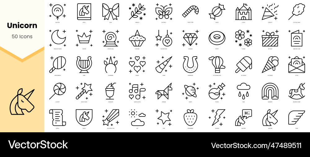 Set of unicorn icons simple line art style Set of unicorn icons simple line art style vector image