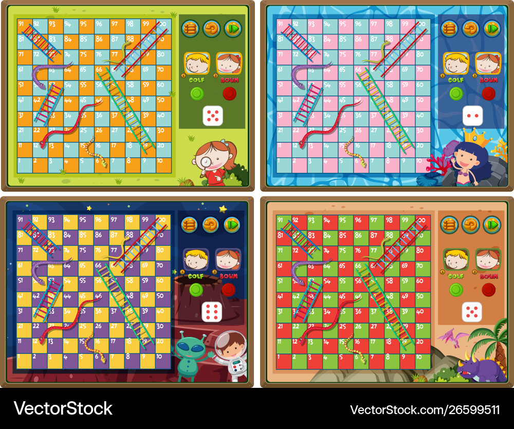 Set snake and ladder game with four backgrounds vector image