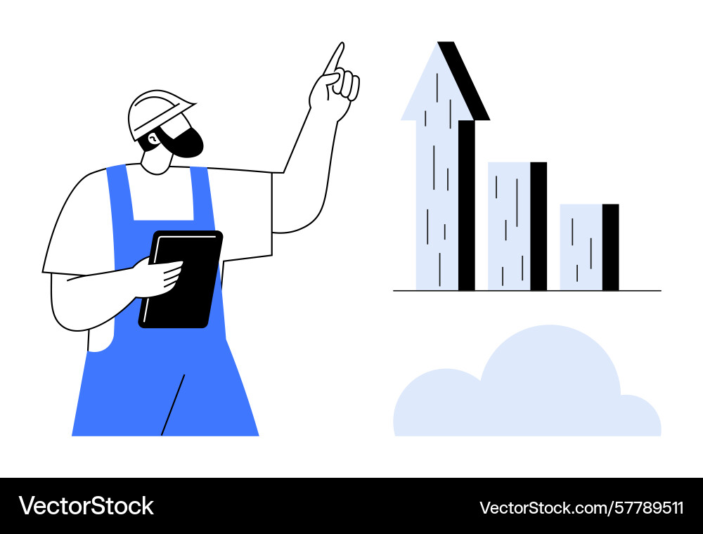 Worker with hard hat points towards bar graph Worker with hard hat points towards bar graph vector image
