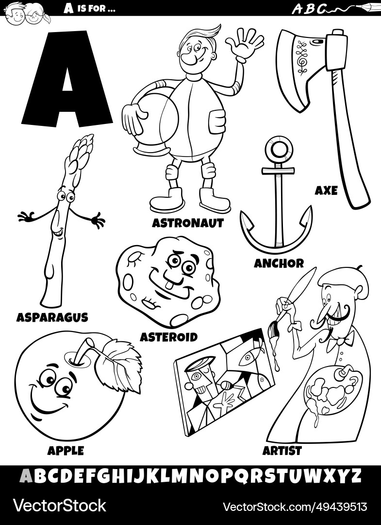 Letter a set with cartoon objects and characters Vector Image