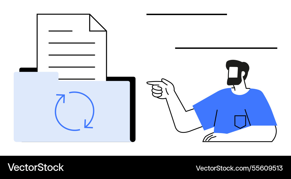 Man pointing towards folder with document and sync Man pointing towards folder with document and sync Vector Image