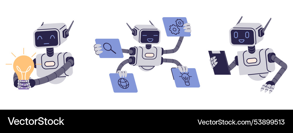 Robots engaged in various activities symbolizing Robots engaged in various activities symbolizing vector image