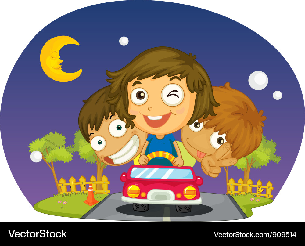 Children in a Car at Night Vector Image