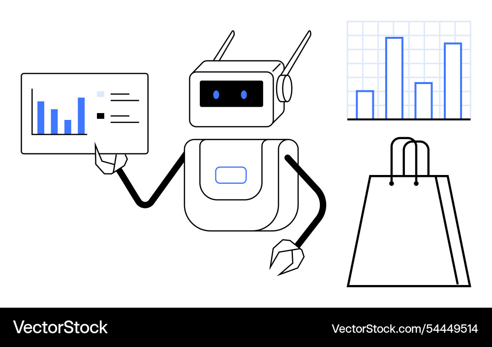 Friendly robot analyzing data with graphs Friendly robot analyzing data with graphs Vector Image