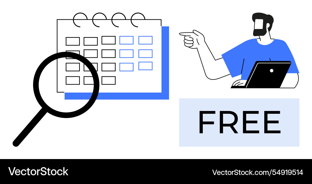 Man with laptop pointing at calendar under Man with laptop pointing at calendar under vector image